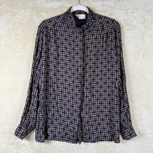 Pendleton Sophisticates Women Navy Brown Geometric Print Long Slv Blouse Size 10